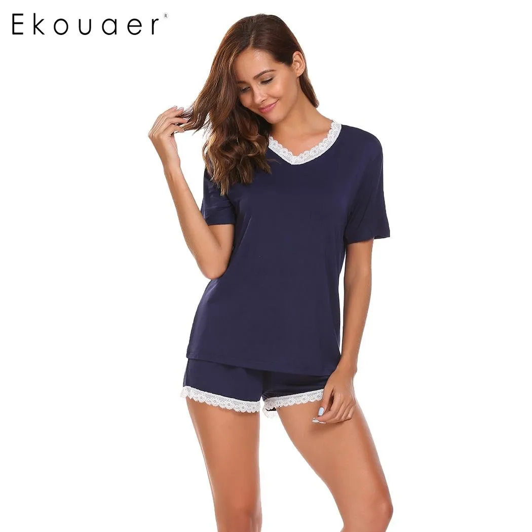 EKouaer Casual Women Pajama V Neck Short Sleeve Lace trimmed Tops with