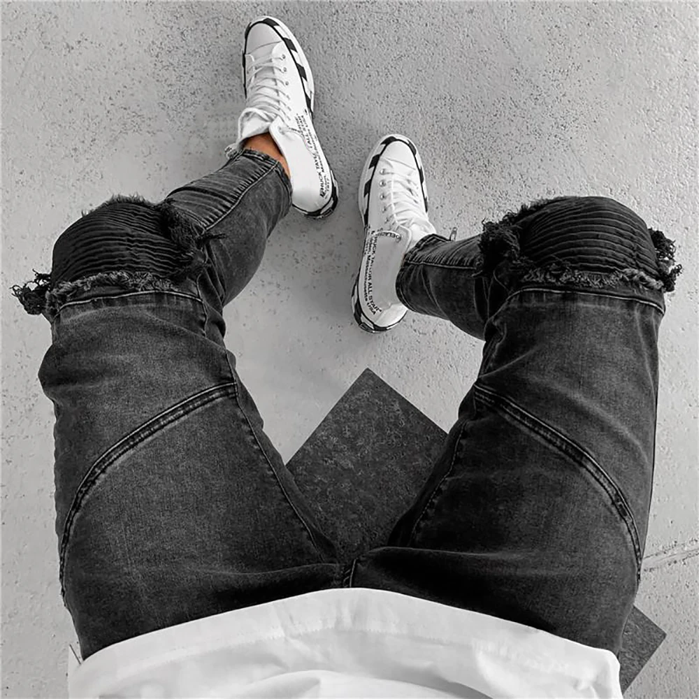 Men Jeans Mid Waist Casual Ripped Hole 