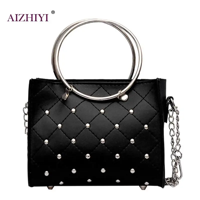 Fashion Mini Leather Women Handbags Casual Small Round Ring Handle Crossbody Bags Black White ...