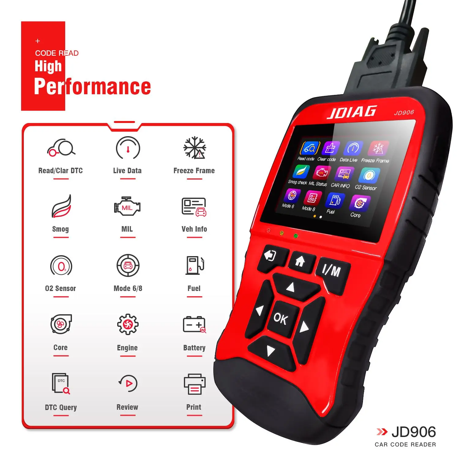 JDiag JD906 супер считыватель кодов OBD II и сканирование многоязычное меню считывание двигателя/эмиссионных кодов ошибок JD906 считыватель кодов