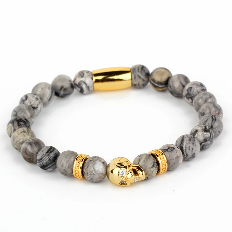 Skull Beads Bracelet New Women Charm Bracelets &amp Bangles Men Jewelry Gift Inlay Zircon White Gray Stone Pulseras BR058 | Украшения и