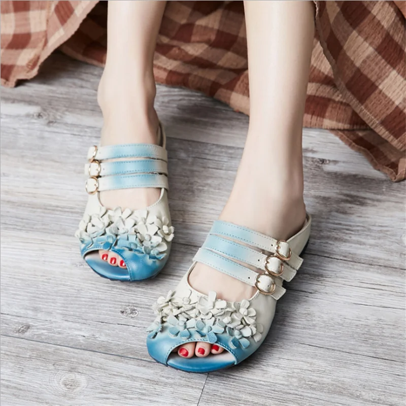 2017 Leisure Gradient Color Floral Handmade Genuine Leather Shoes Women Sandals Flat Slippers 2017 Leisure Gradient Color Floral Handmade Genuine Leather Shoes Women Sandals Flat Slippers