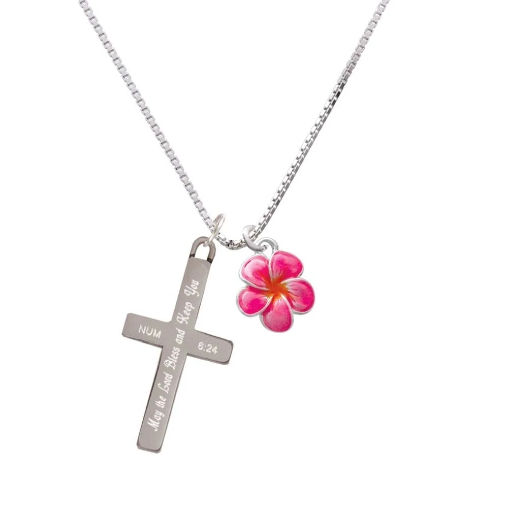 Hot Pink and Orange Flower - Bless and Keep You - Cross Necklace