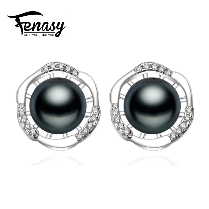 

FENASY black Pearl stud earrings, freshwater Pearl Jewelry with 925 Sterling Silver earrings,vintage earrings for women