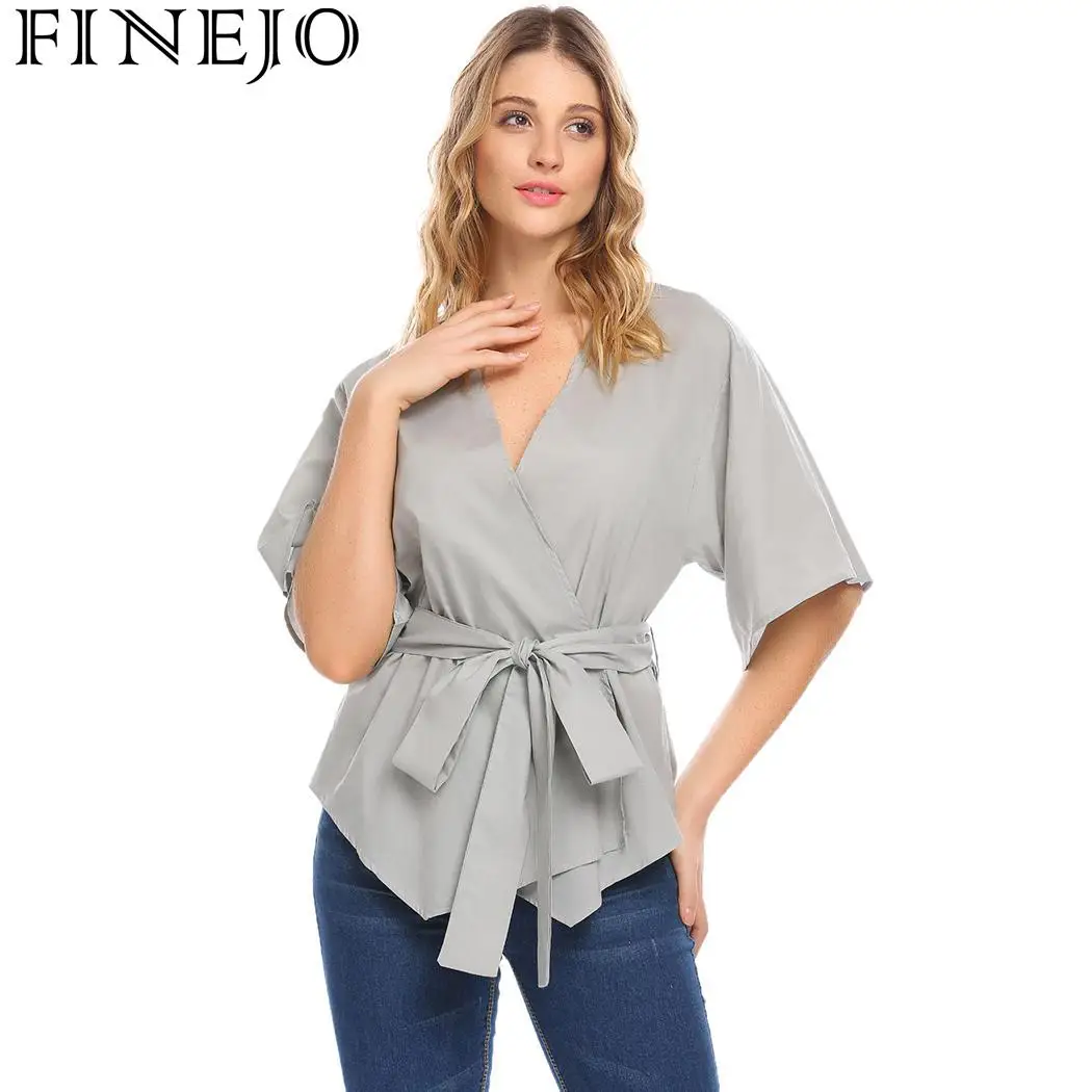 Женская Однотонная футболка с v-образным вырезом и коротким рукавом FINEJO | одежда