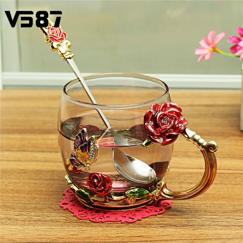 350ml Enamel Glass Cup Rose Flower Butterfly Tea Cup Set Coffee Cup