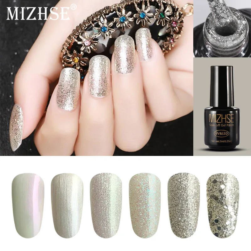 

MIZHSE Platinum UV Gel Nail Polish Long-Lasting Nail Gel Peel Off LED Lamp Super Bling Gel Varnish Moon Silver Color Series