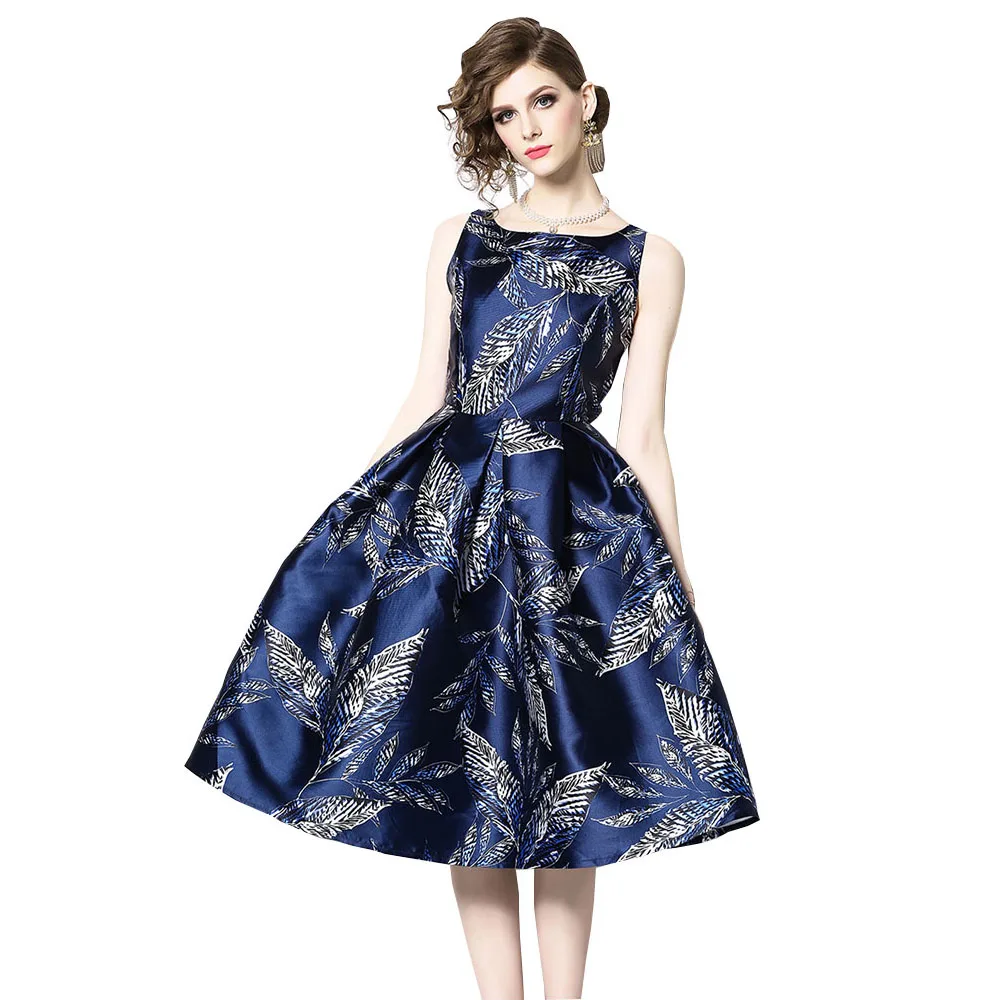 

Sleeveless Female Spring Print Dress O-neck Ladies Elegant Party Dress Leaves Printed A-line Midi Dress Woman Blue Party Dress