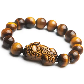 

Genuine Natural Yellow Tiger's Eye Round Gems Women Man Fashion PiXiu Stone Beads Bracelet 12mm