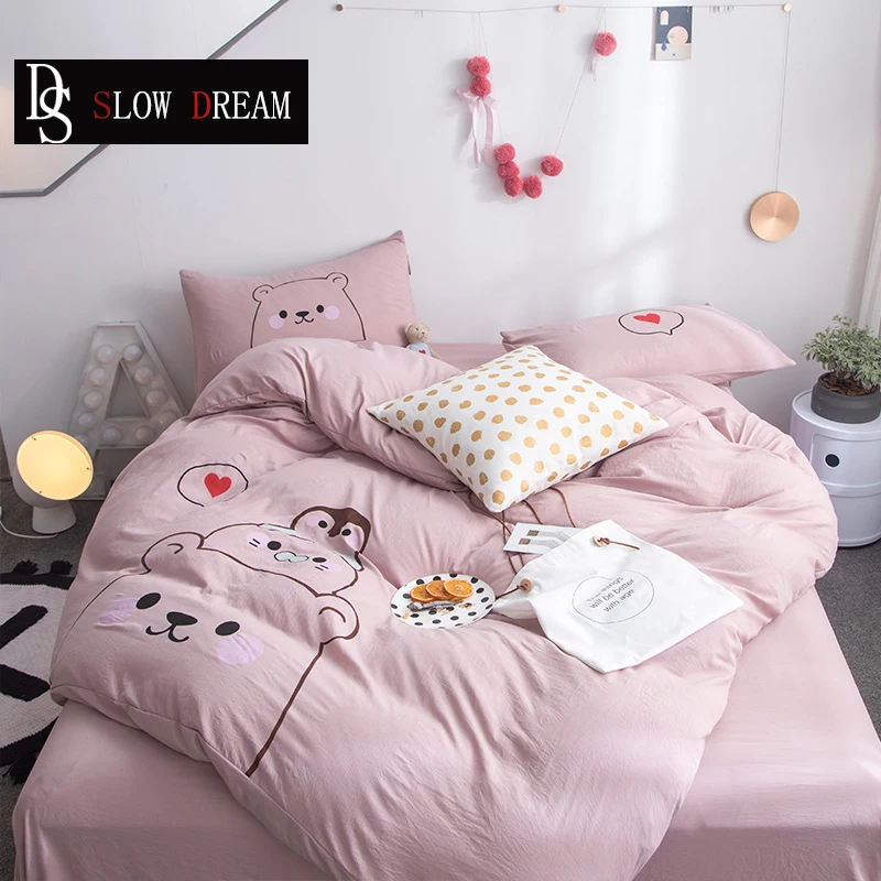 

SLOWDREAM Bear Cartoon Bedding Set Pink Duvet Cover Set Flat Sheet Pillowcase Kids Adult Bed Set Double Queen King Home Textiles