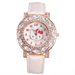 Топ Модный бренд hello kitty Детские Кварцевые часы для девочек для женщин кожа кристалл наручные часы женские наручные часы 8O39