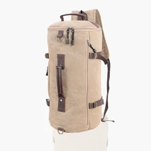 Mens Multifunction Outdoor Sport Two Shoulder Crossbody Handbag Vintage Canvas Hiking Bag Cylinder Shape Travel Backpack