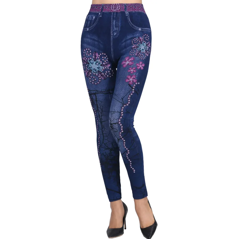 Fashion Slim Women Leggings Faux Denim Jeans Leggings Sexy Hole Heart Printing Casual Women Clothing Pencil Pants Plus size - Цвет: flower