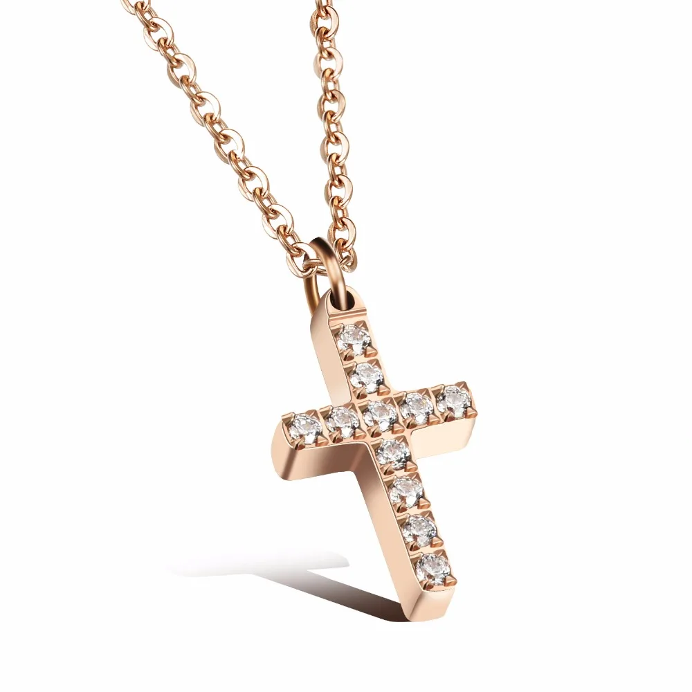 

Fatelove Rose Gold /Silver Plated Christ Jesus Corss Design Necklace Titanium Steel Inlaid Clear Cubic Zircon Woman Jewelry gift