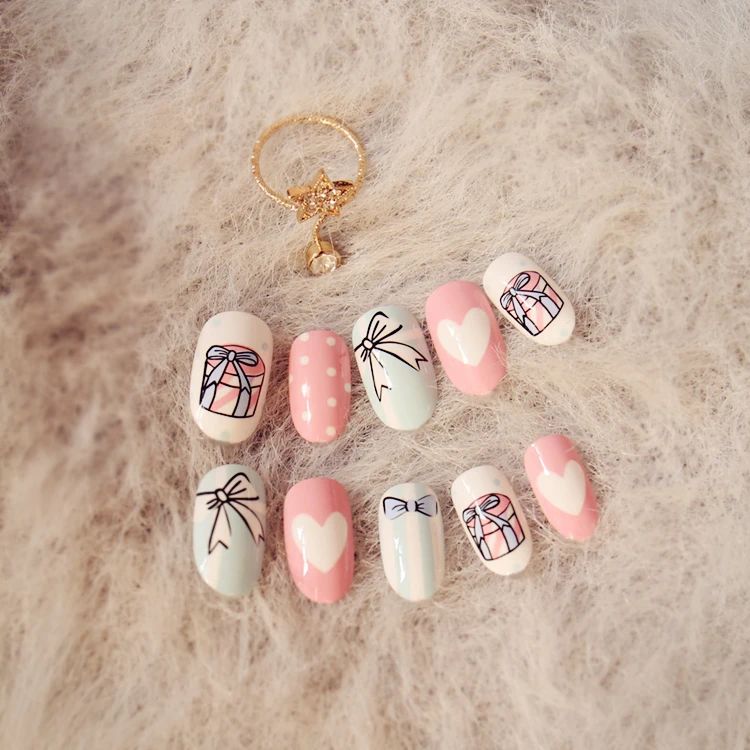 

My cute cream pink cake pattern fresh french false nails 24pcs with glue Japanese fake nails acrylic full nail tips pure color