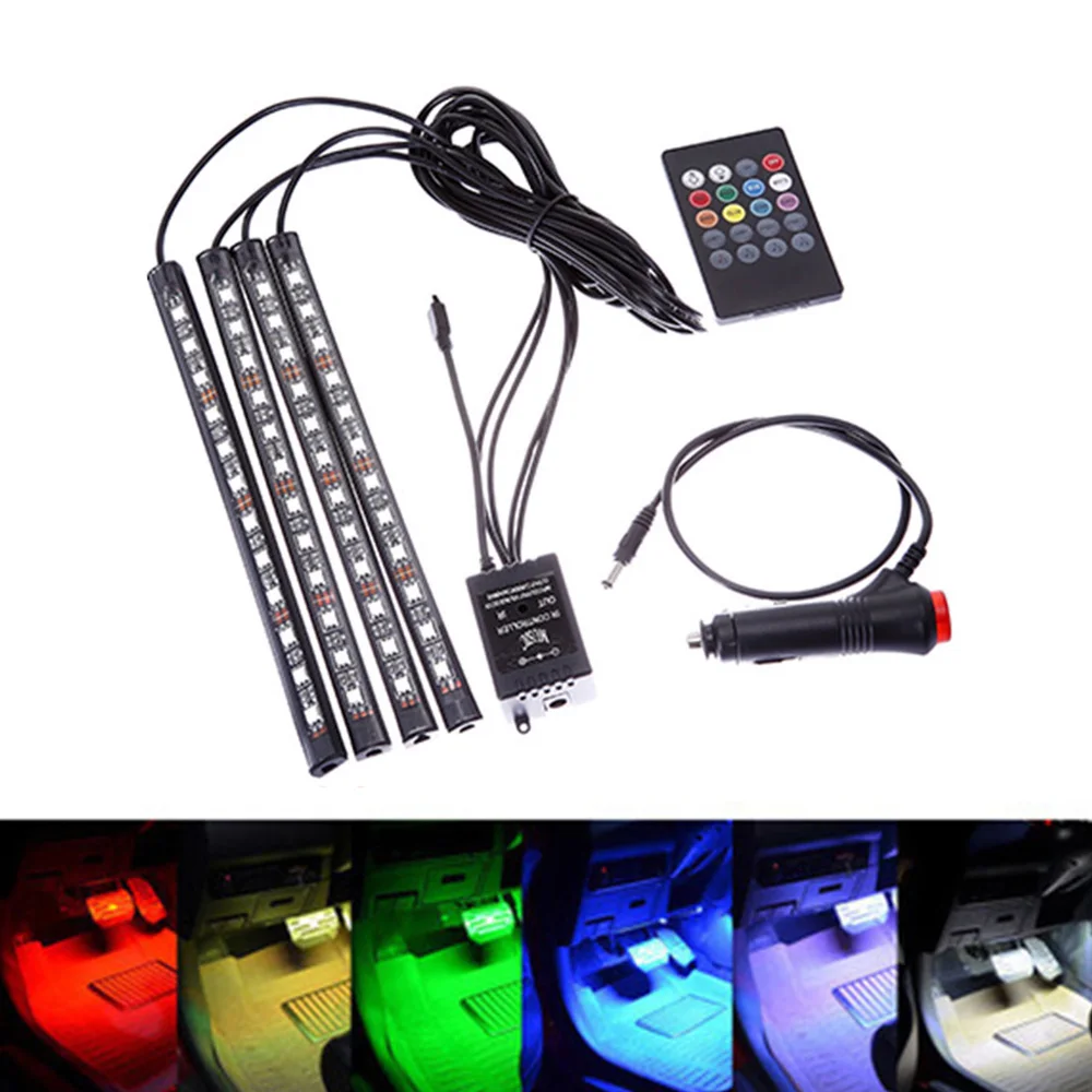 Car LED Strip Light Cars Interior Lights 12V Multicolor RGB Atmosphere Neon Lamp Under Dash Lighting Kit with Remote Control