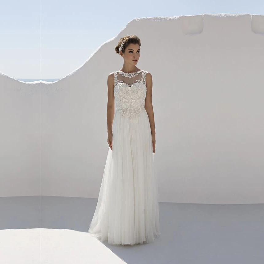 

A Line Scoop Neck Wedding Dress Long 2019 Lace Appliques Bride Dresses Sleeveless Tulle Wedding Gowns vestidos de novia