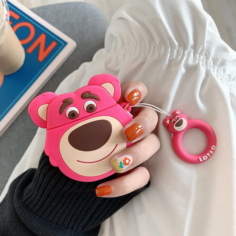Ring Strap Cartoon Peanuts Dog 3D Pink Bear Lotso Silicone Earphone Case For Apple AirPods 1 2 Headphone Wireless Charging Box