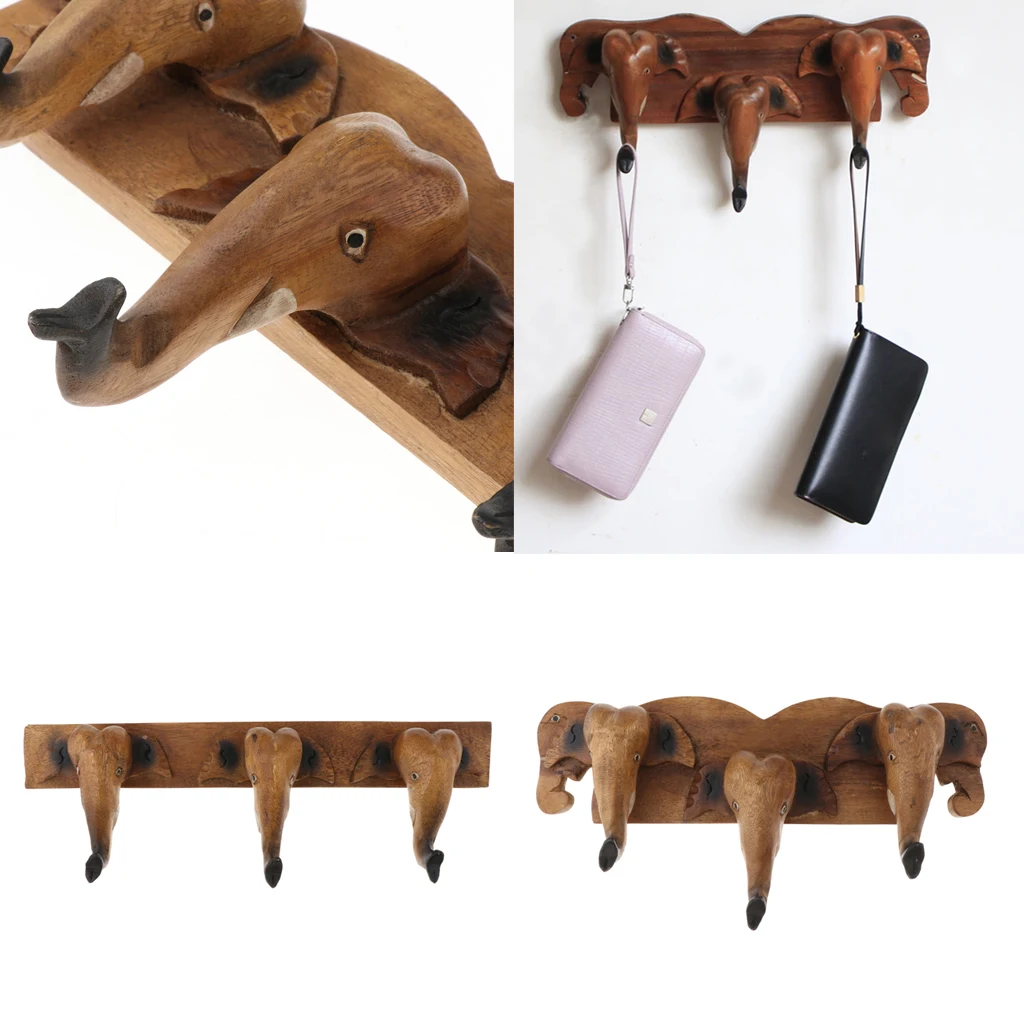 Handmade Creative Wooden Elephant Head Wall Mounted Trunk Hook Hanger Home Decoration