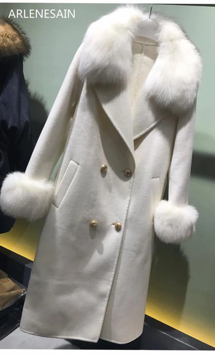 Arlenesain custom Fox fur collar double face wool coat white long ...