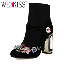 WETKISS Novo Design Da Marca Chegada Floral Outono Botas Gaiola de Pássaro de Cristal Partido Sapatos de Salto Alto Mulher Ankle Boots De Couro Natural