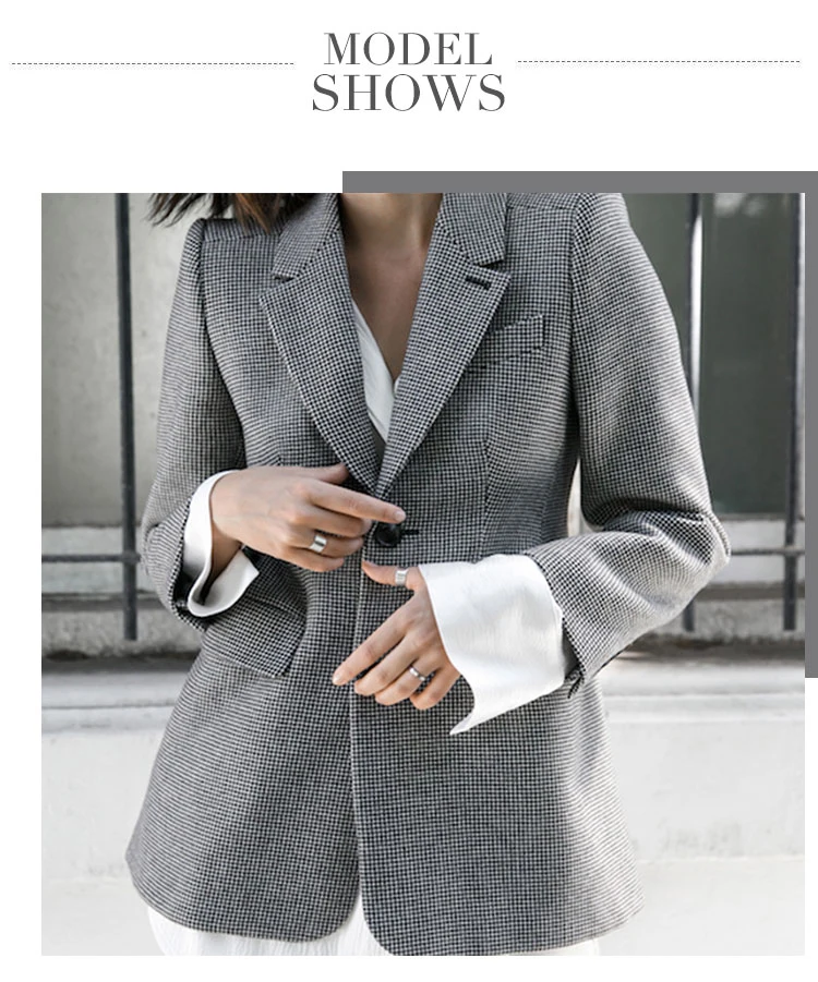 Клетчатый блейзер для женщин, длинный рукав, воротник с лацканами, карман, тонкое женское пальто, весенние офисные женские блейзеры и куртки, одежда размера плюс