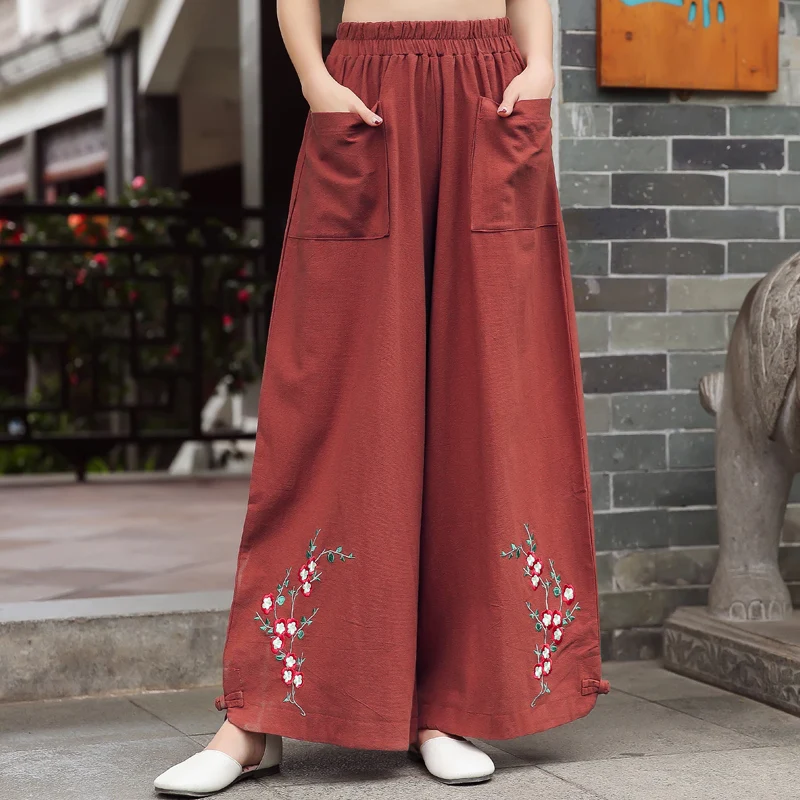 

2019 Women High Waist Wide Leg Pants Vintage Floral Embroidery Cotton LinenLoose Ankle-length Pants Trousers Pantalones