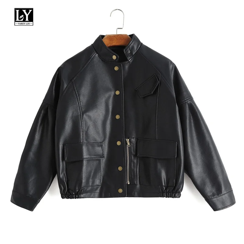 

Ly Varey Lin Faux Soft Leather Women Pu Jacket Coat Retro Black Motorcycle Zipper Lady Vintage Leather Jacket Pink Outerwear
