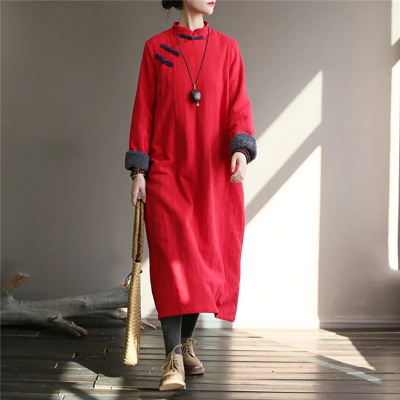 Johnature, зимнее новое платье с длинным рукавом, женское теплое платье со стоячим воротником и пуговицами, китайский стиль, Cheongsam, винтажные плотные женские платья