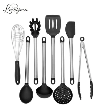 

LMETJMA 8 Pcs/Set Silicone Kitchen Utensils Set Heat Resistant Non-Stick Cooking Utensil Set with Stainless Steel Handle KC0027