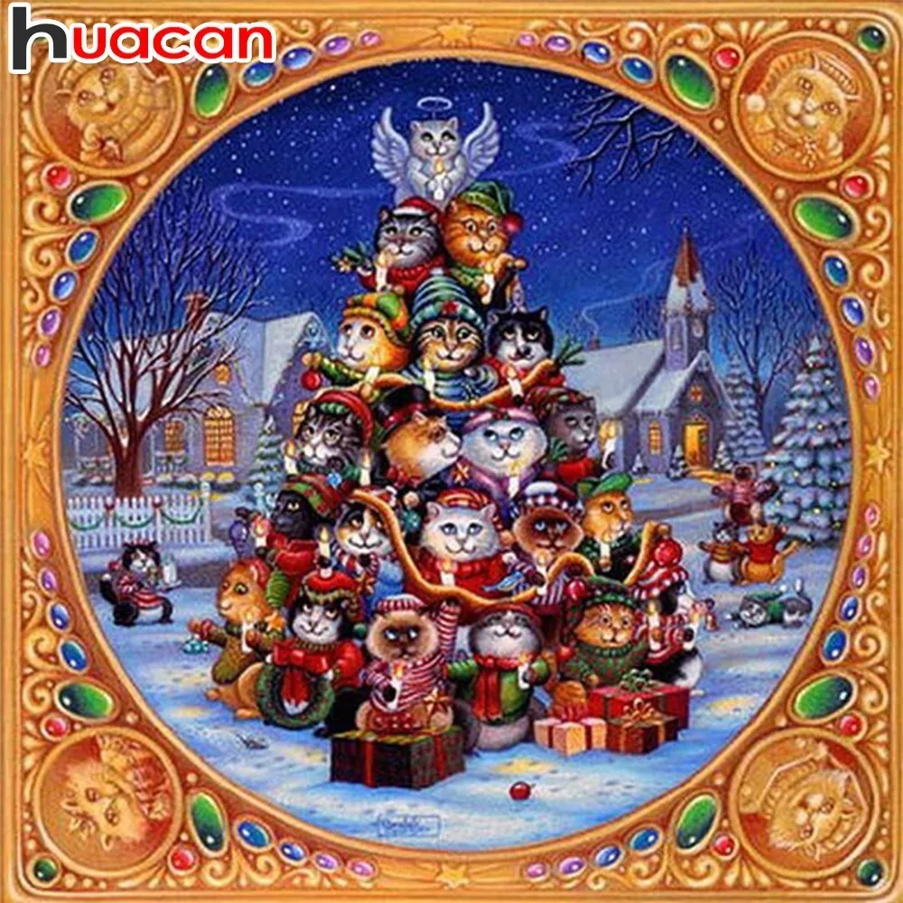 

HUACAN Diamond Painting Christmas DIY Diamond Embroidery Animals Full Drill Square Cats Decor Home Picture Of Rhinestone