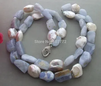 

Beautiful! Bead-Nucleated Pearl&Blue Chalcedony Necklace