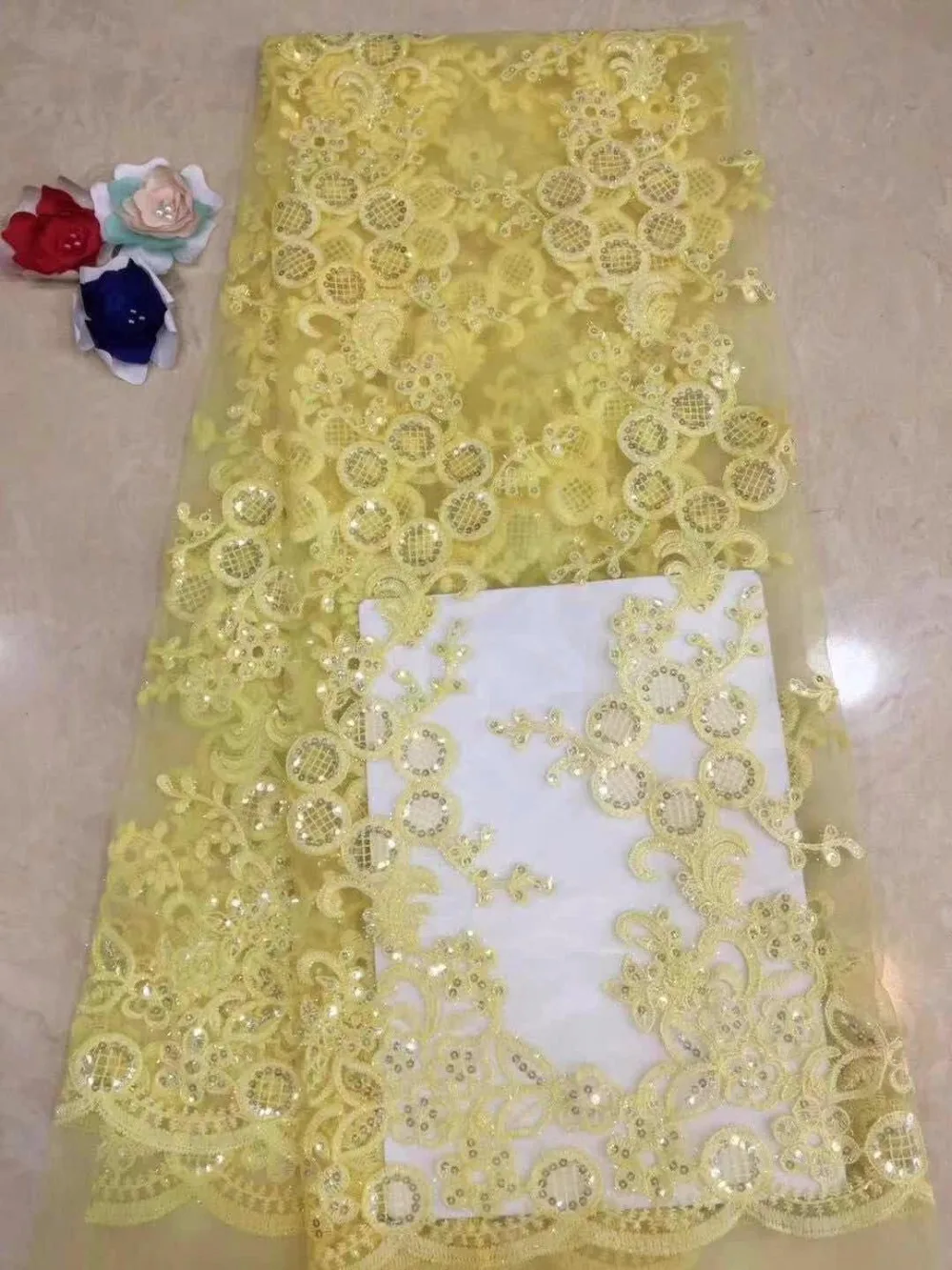 

African Sequin Lace Fabric French Yellow Net Lace African Guipure Tulle Lace fabric 2018 High Quality French Sequin Fabric(FJ-12