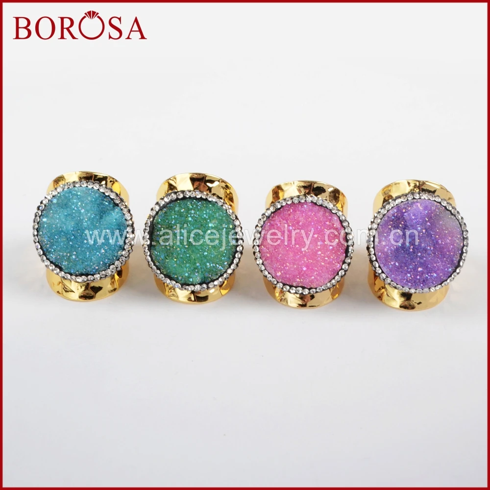 

BOROSA Rainbow Round Natural Crystal Druzy Titanium Rings for Women,Fashion Druzy Crystal Paved Zircons Gold Band Ring JAB661