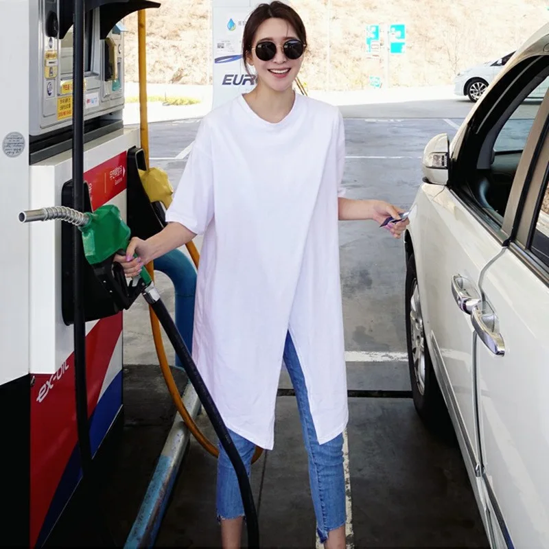 

Johnature Casual Korean Long Women T-shirts 2019 Summer New Solid Color Loose Simple Irregular O-neck Half Sleeve Women Tops