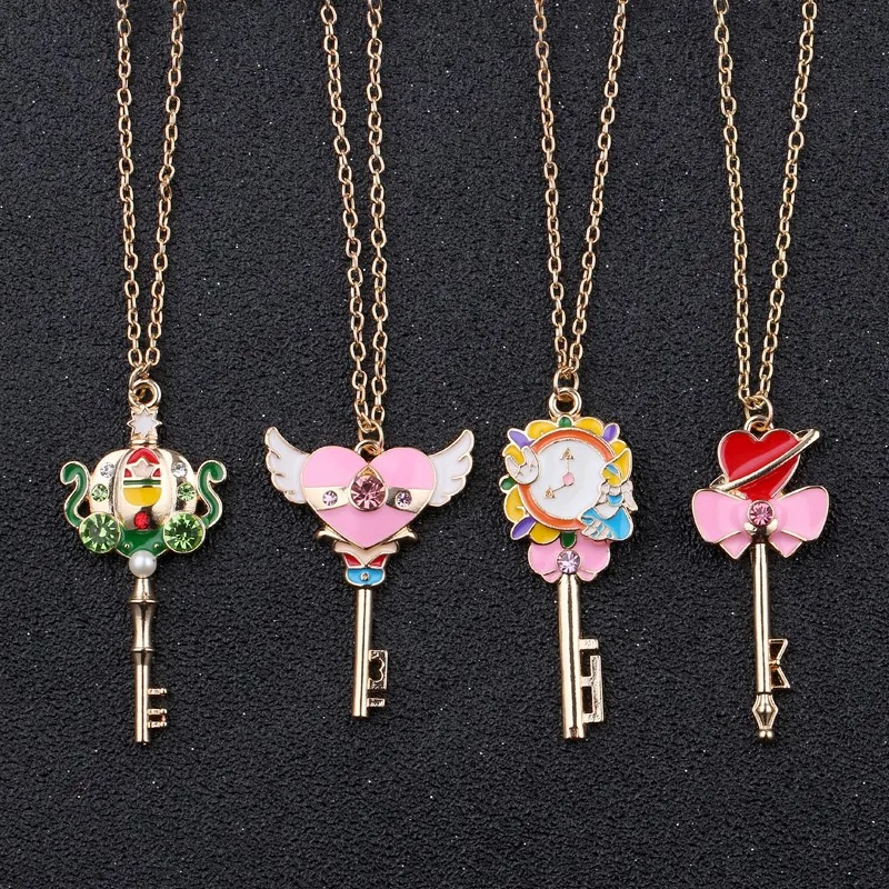 

Classic Anime Sailor Moon Necklace Fashion Walking Stick Heart Key Rhinestone Cosplay Jewelry Necklace Necklaces For Women Gift