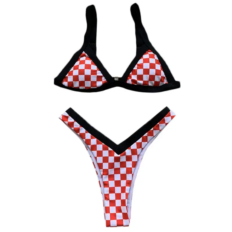 Women Sexy Two Piece Bikini Set Color Block Edge Padded Bra Vintage Plaid Leopard Printed Deep V-Neck Low Waist Thong