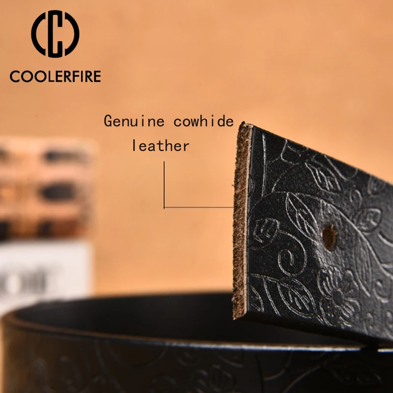COOLERFIRE Genuine Cowskin Leather Belts For Women Carved Design Retro Metal Women Strap Female High Quality Belts LB015
