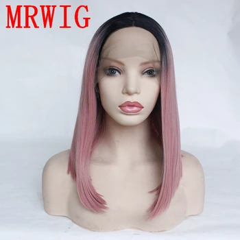 

MRWIG 10-16in Short Bob Style Straight Dark Roots Ombre Pink Synthetic Glueless Front Lace Wig Middle Part