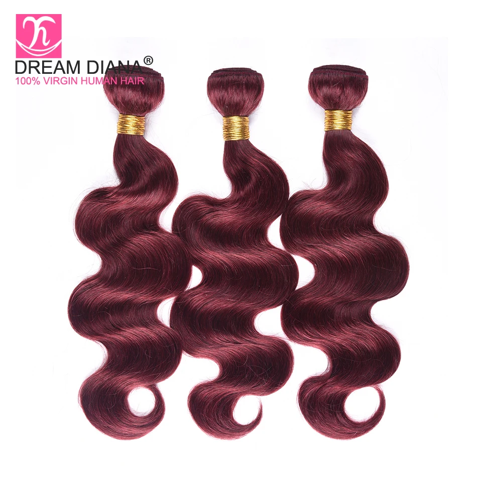 DreamDiana цветные индийские волосы 99j пучки волос красное вино плетение предварительно цветные Реми волнистые волосы 100% человеческие волосы 3-5