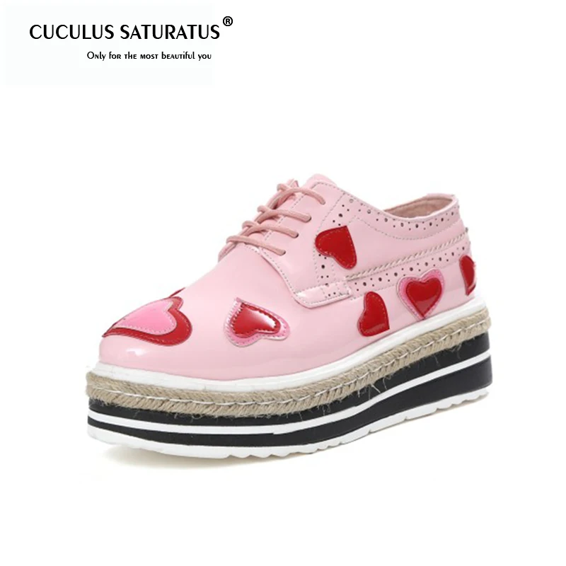 

Cuculus 35-39 Spring Flats Platforms Women Shoes Print Heart-Shaped Lace-Up Wedges Brogue Shoes Round Toe Flat Casual Oxfords