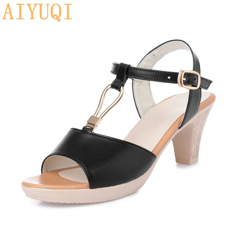

AIYUQI Summer sandals women 2019 new women's summer footwear fashionable open toe T type dress sandals women black mid heel