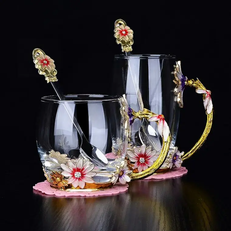 

2019 Hot Sale Hand-made Enamel Mug Flower Glass Kungfu Scented Tea Mug Coffee Milk Lemon Cup Lover Gift Couple Mug Drop Ship