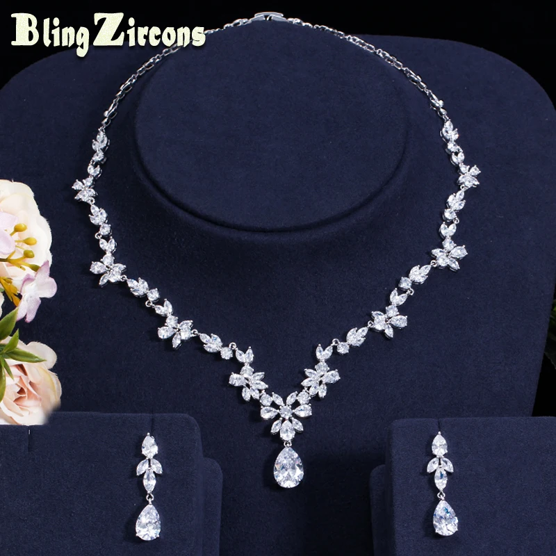 

BeaQueen Elegant Flower Cubic Zirconia Tear Drop Stone Statement Necklace Earrings Sets Wedding Jewellery for Women JS089