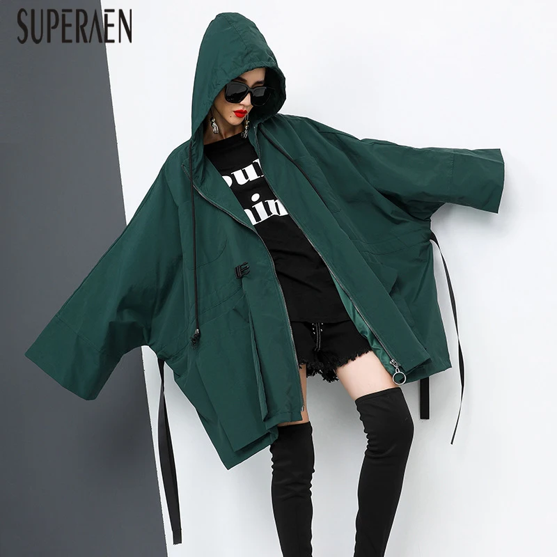 

SuperAen Autumn New Trench Coat for Women Pluz Size Solid Color 2019 Hooded Windbreaker Female Zipper Fashion Women Clothing