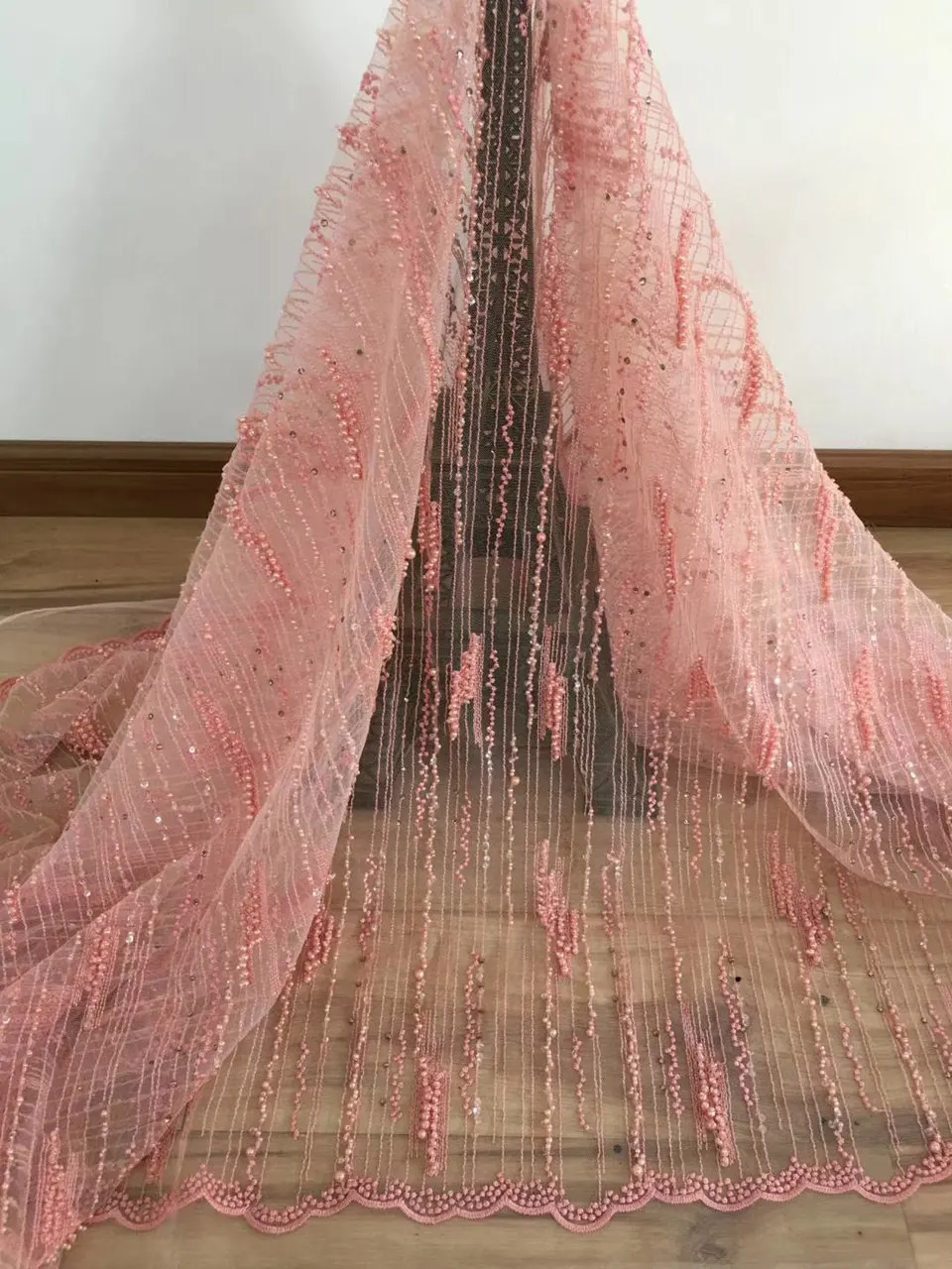

5 YARD Fashionable french net lace fabric with full beads Latest african Tulle lace for party dress QG513