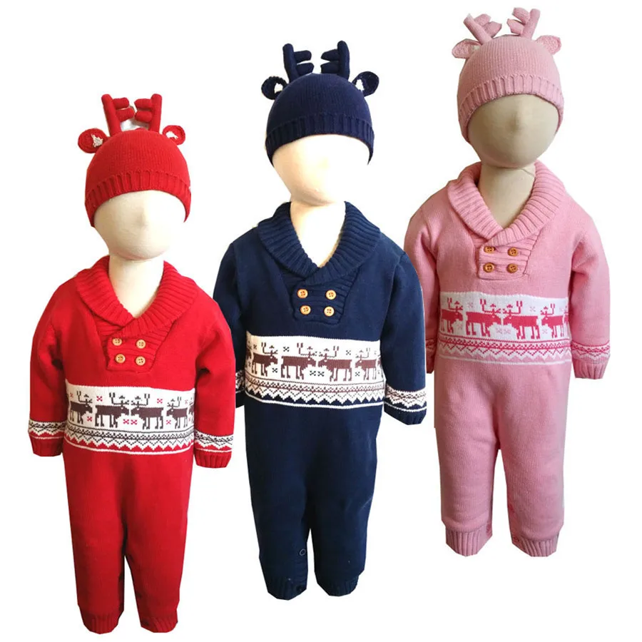 

2017 Winter christmas cartoon elk sweater baby boys girls wool thicking rompers hat 2pcs newborn warm jumpers stuff goods 17S907