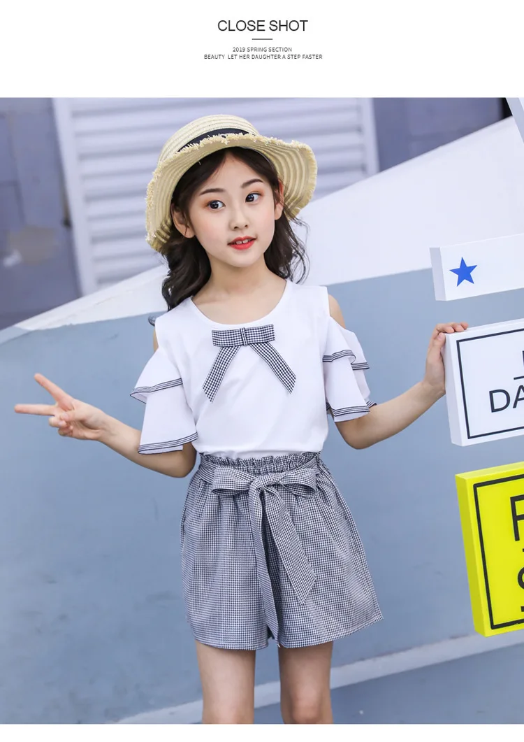 New Casual Teenage Girls Clothing Summer Fashion Bow Ruffle Sleeve Shirt Plaid Shorts Kids Clothes Set 2pcs Korean Children Suit (5)