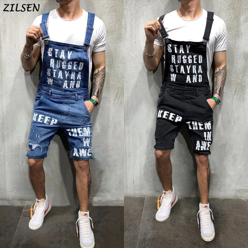 

2019 new Men's Hole Pocket Jeans Overalls Streetwear Suspender Pants Letter Printed Jumpsuit For Male plus Size