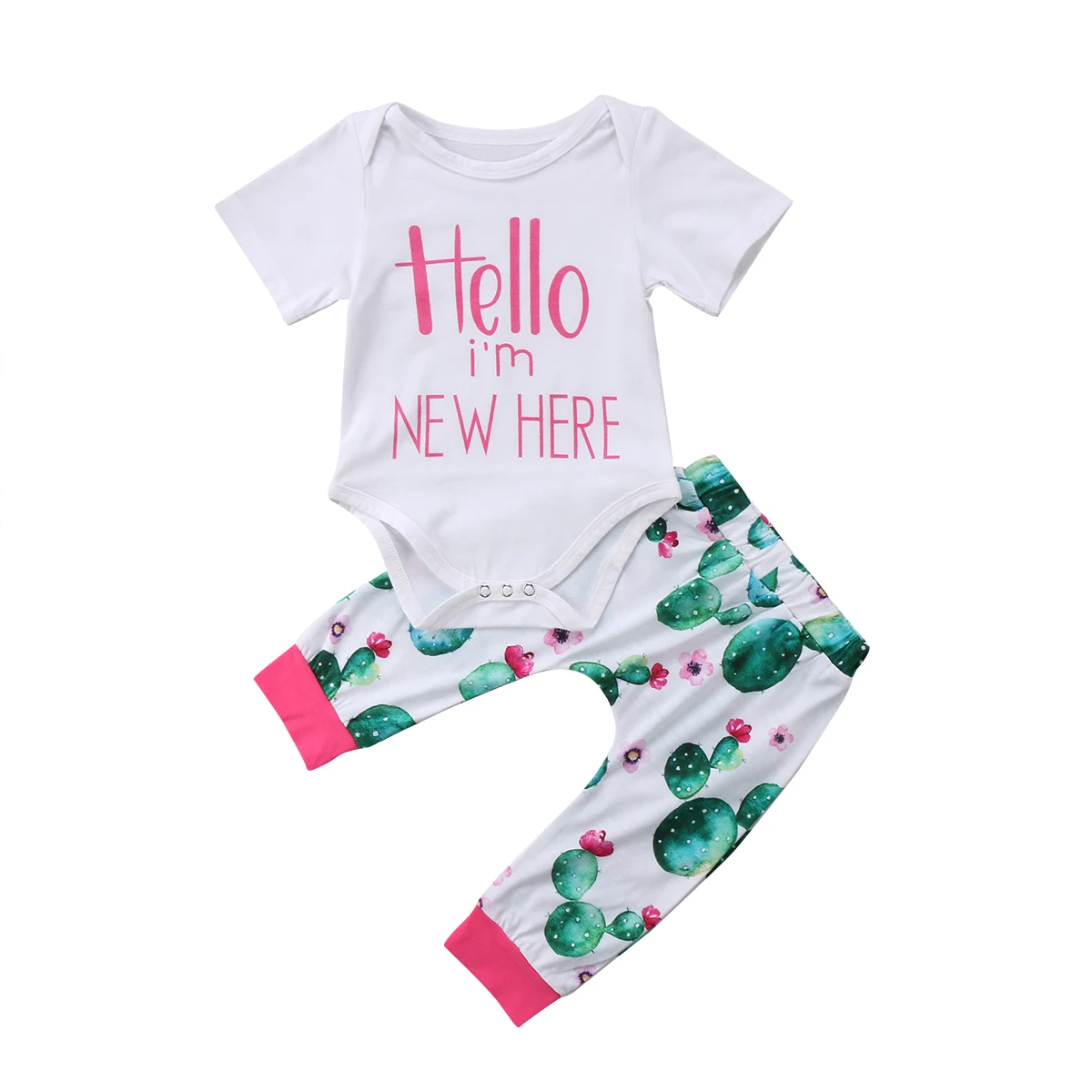 

QH Lovely Newborn Baby Boy Girl Short Sleeve Cactus Tops Romper Pants 2Pcs Outfits Hello I am New Here Summer Clothes Set